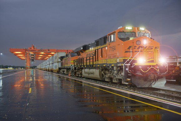 BNSF locomotive on a railway.