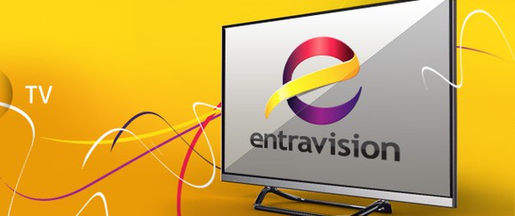 A television with the Entravision logo on it