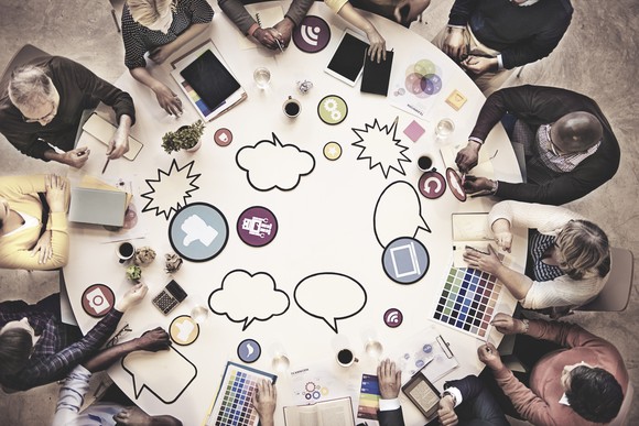 A team collaborating around a table.