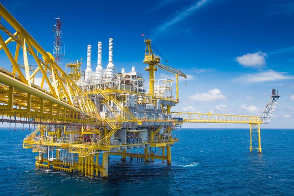 An active offshore oil rig on a sunny day