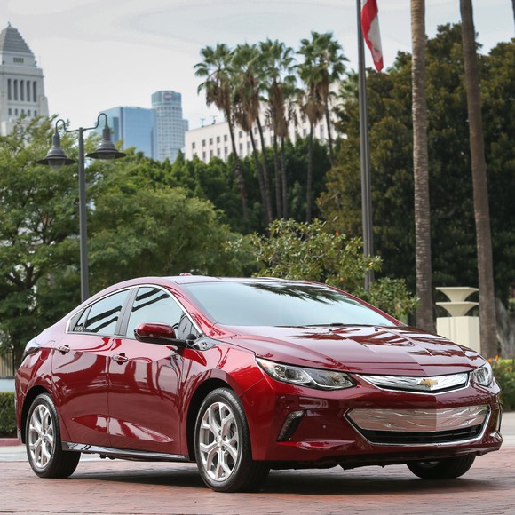 A red Chevrolet Volt sedan in San Francisco.