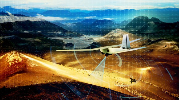 Unmanned aerial system scanning terrain.