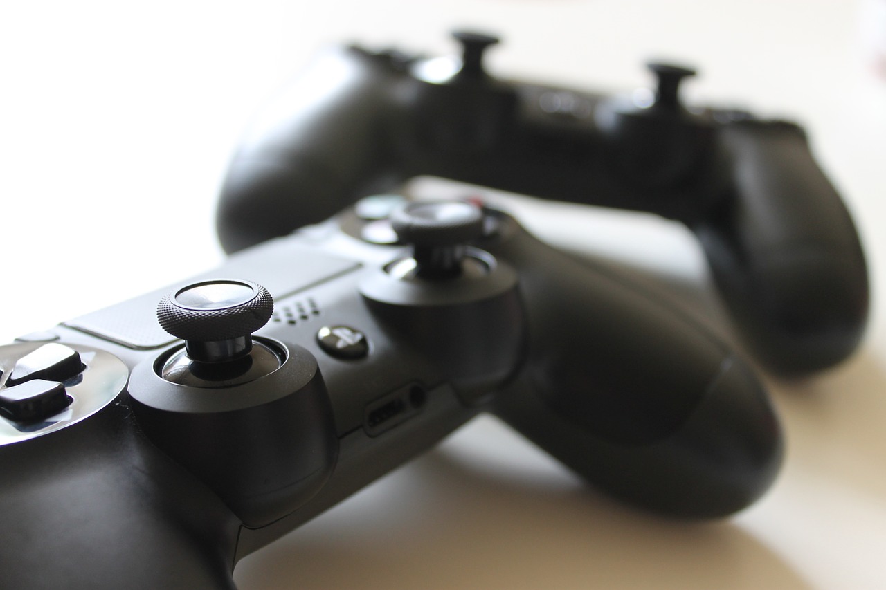 Video game controllers on a table.