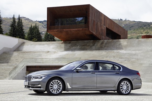 A pewter-colored BMW 750Li sedan.