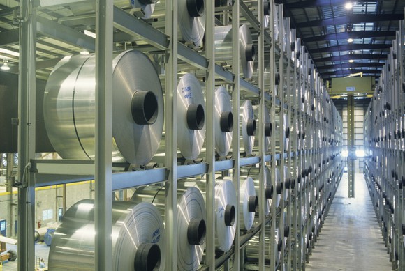 A warehouse of aluminum coils.