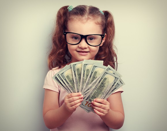 Girl holding one-hundred-dollar bills.