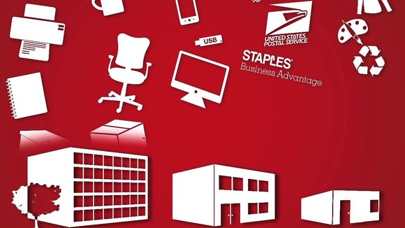 A graphic with office supplies floating above a Staples location and offices