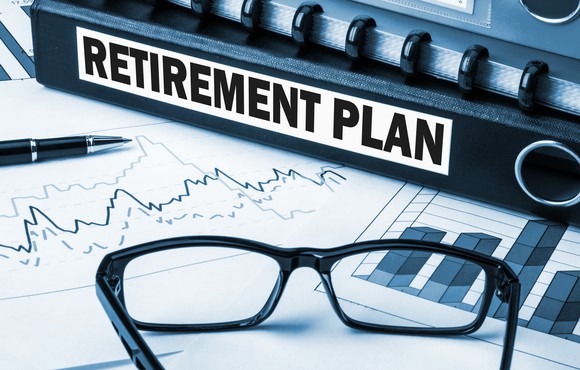Retirement plan binder with glasses and charts.
