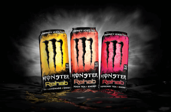 Three cans of Monster Rehab.