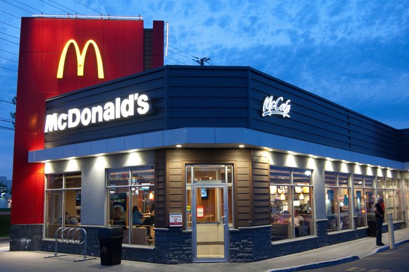 A McDonald's restaurant at sunset