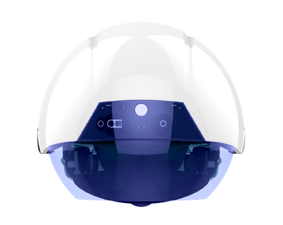 The new DAQRI smart helmet, which looks like a white hard hat with a blue visor.
