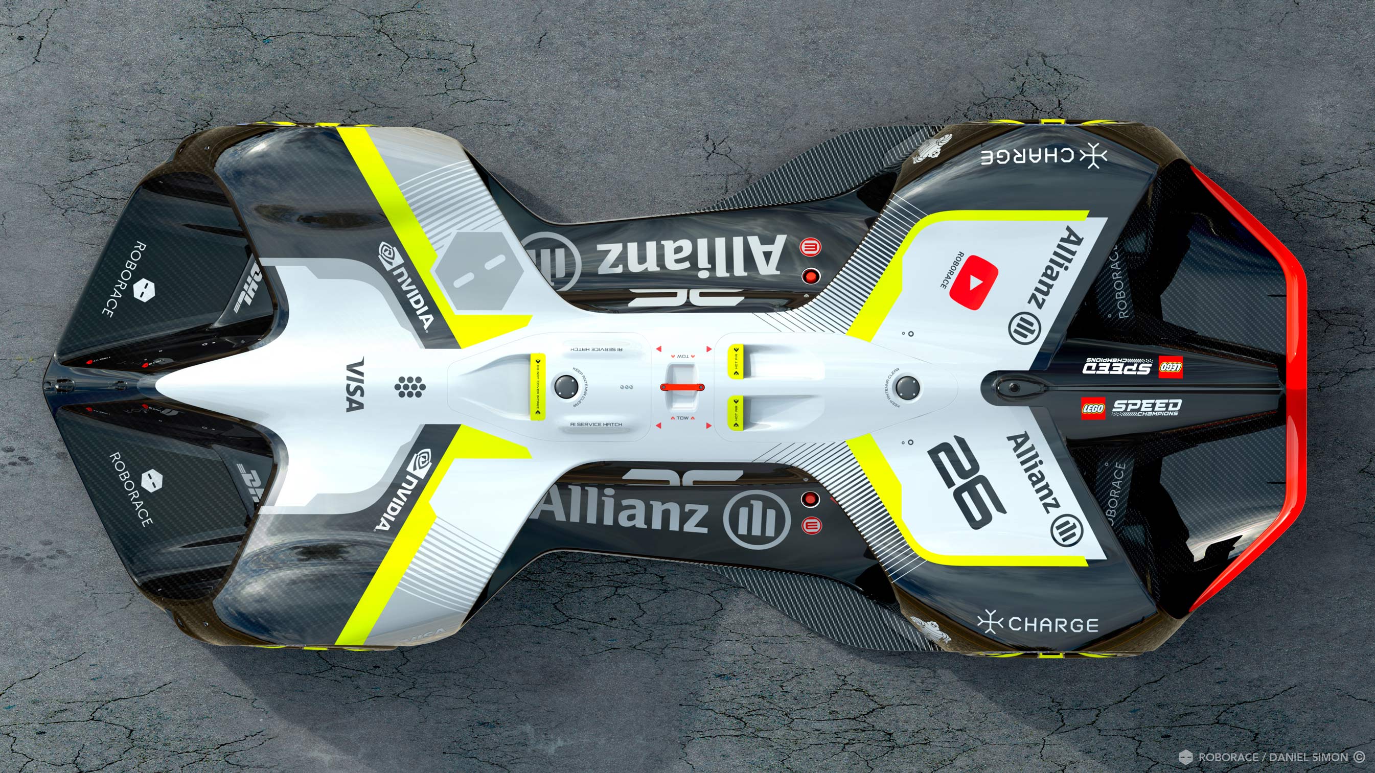 The futuristic Robocar, pictured from above in white and green.