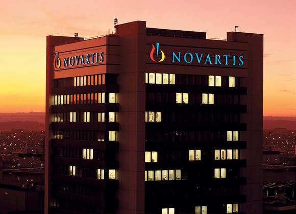 Novartis headquarters at sunset.