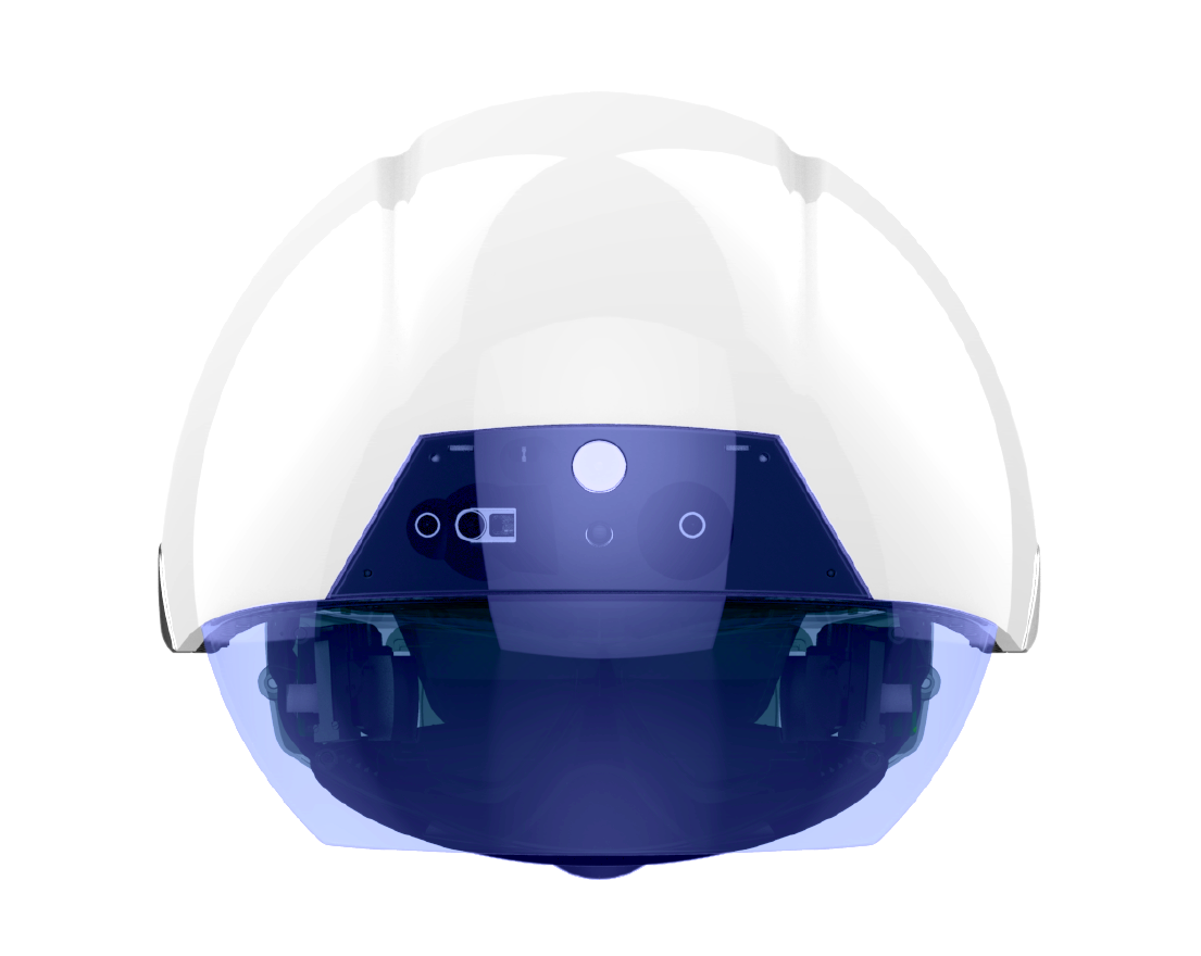 The smart helmet looks like a white hard hat with a blue visor over the front for viewing data overlaid on the real world.
