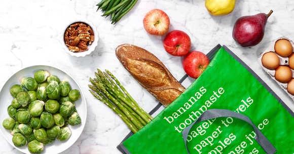An AmazonFresh shopping bag full of groceries