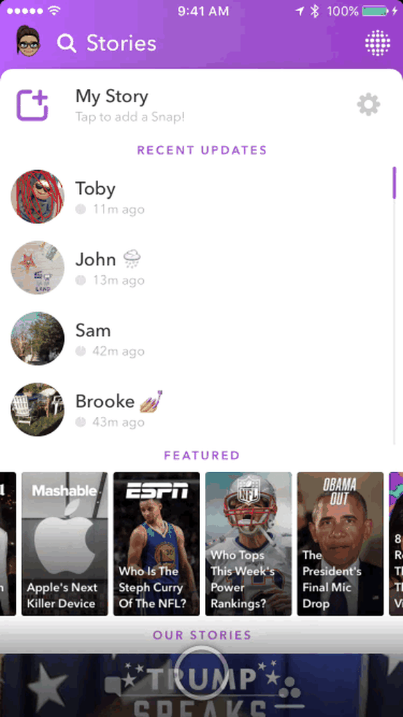A screenshot of Snapchat's Publisher Stories