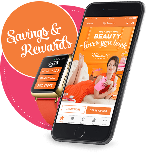 The Ulta loyalty program mobile app with a sticker that says "Savings and rewards"