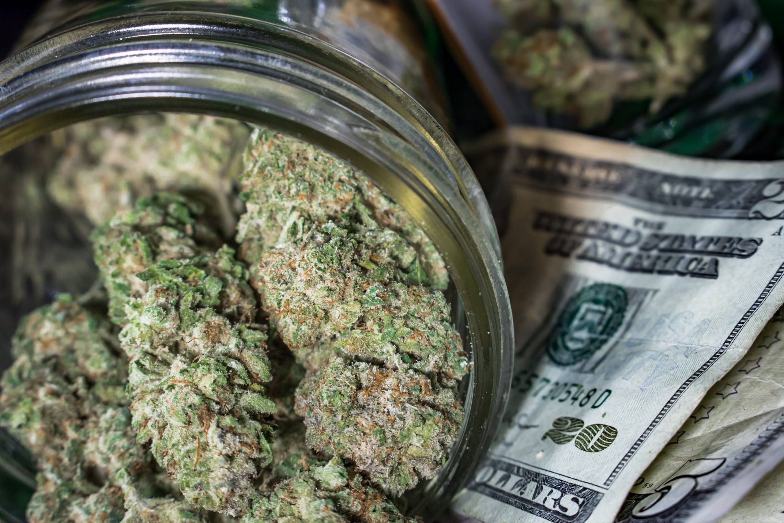 Marijuana buds in a jar sitting atop a pile of cash.