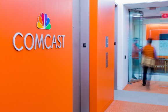 Comcast logo on an elevator bank at its corporate headquarters in Philadelphia