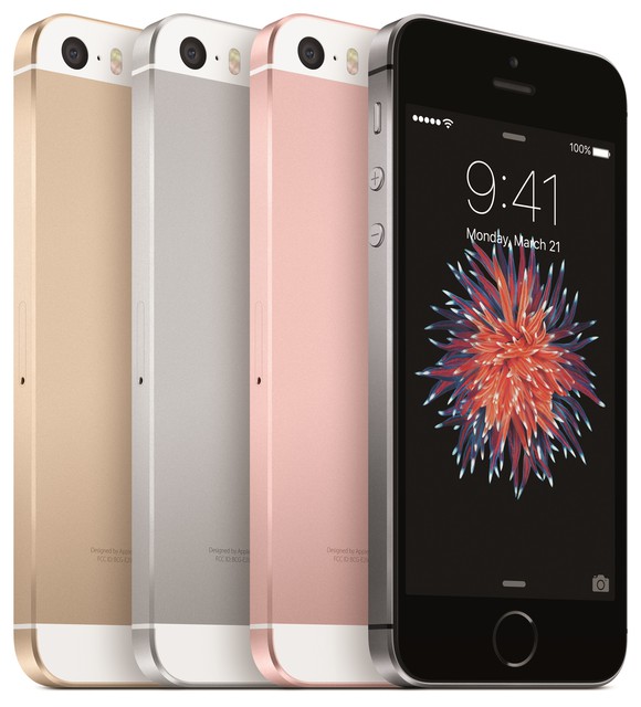 This image depicts Apple's iPhone SE lineup in four colors -- gold, silver, rose gold, and space gray.