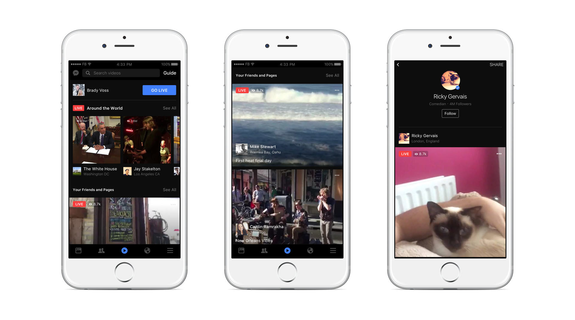Examples of Facebook app with live video interface