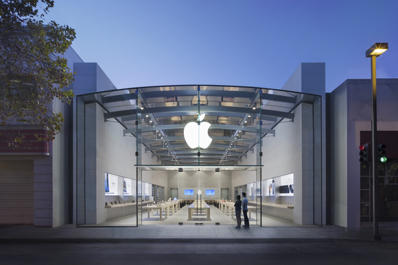 People standing outside an Apple Store in Palo Alto, California