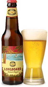 A bottle and pint of Craft Brew Alliance's Kona Brewing Longboard beer.
