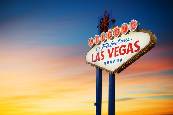 The Las Vegas sign shown at sunset.