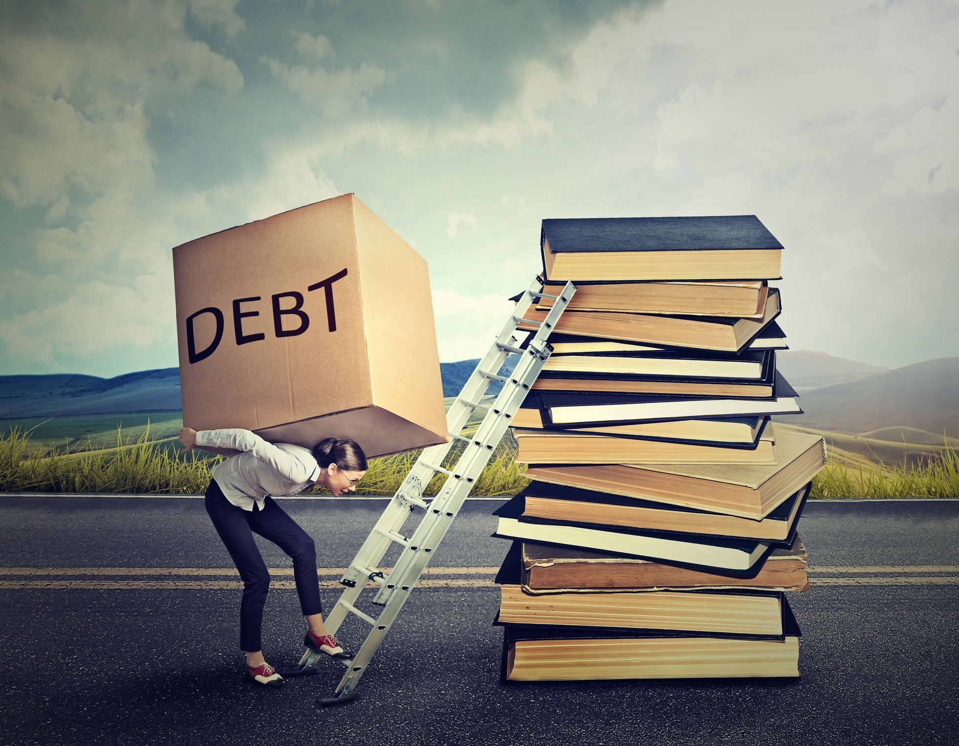A person carries a box labeled debt up a ladder.
