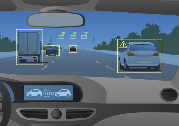 Cartoon of cameras and sensors identifying vehicles and objects while a vehicle is in motion.