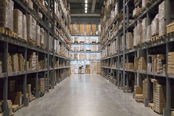 A warehouse with products on shelves