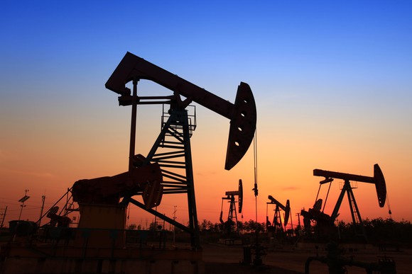 Oil pumps at sunset