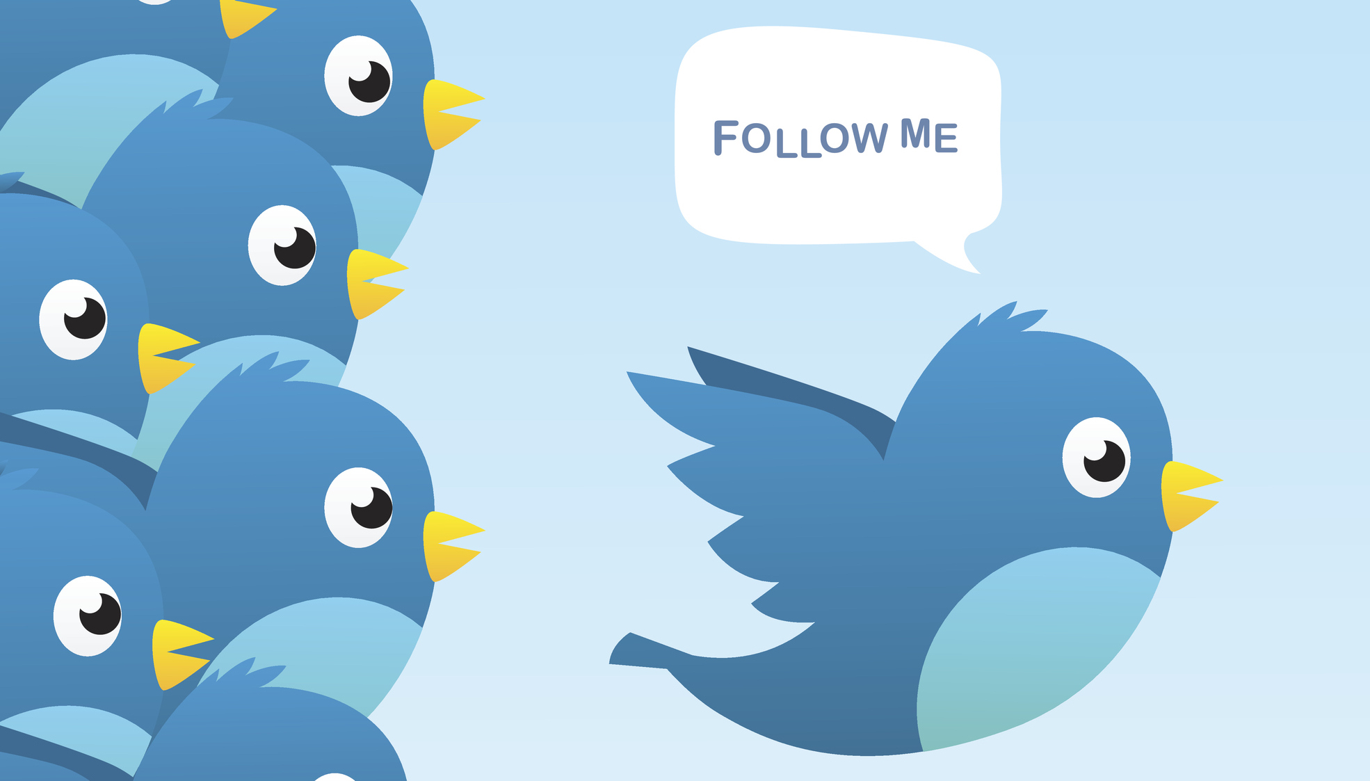 Illustration of many blue birds following a single blue bird