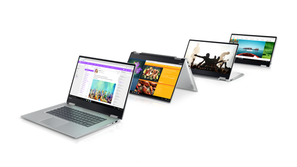 This image shows a Lenovo notebook PC being used in different ways.