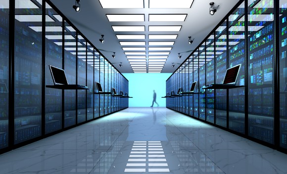 Rows of server systems in a corporate data center.