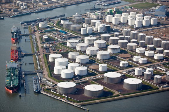 Aerial view of an oil terminal in a harbor