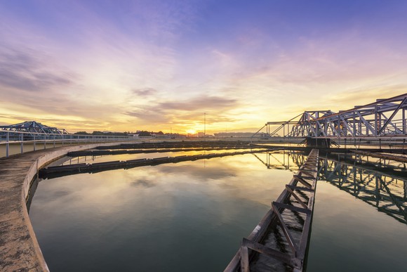 Water treatment plant at sunset