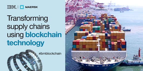 Ad showing cargo ship and IBM's claim that it is transforming supply chains using blockchain