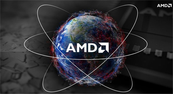 The AMD logo on a globe background.