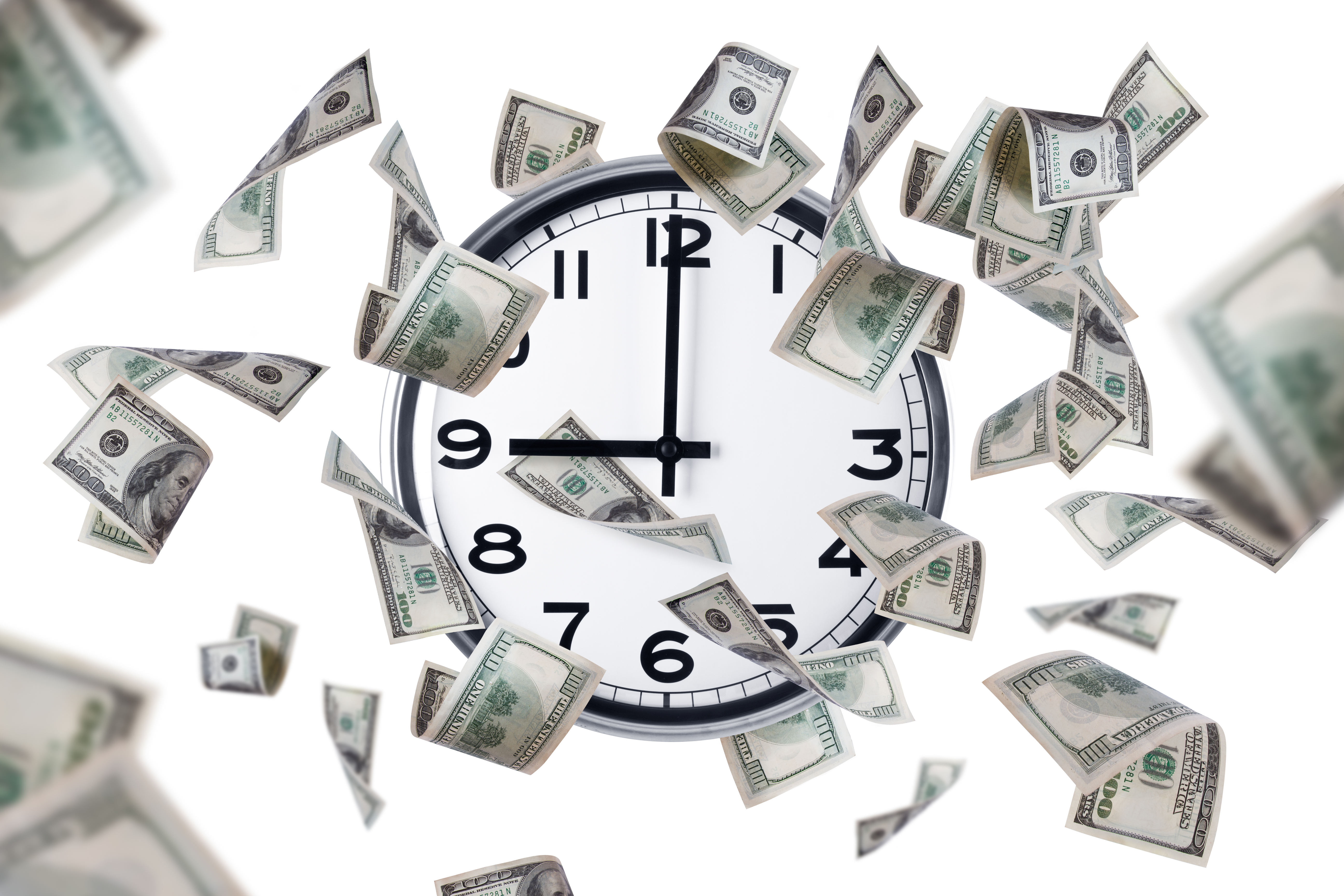 Clock with dollar bills around it.