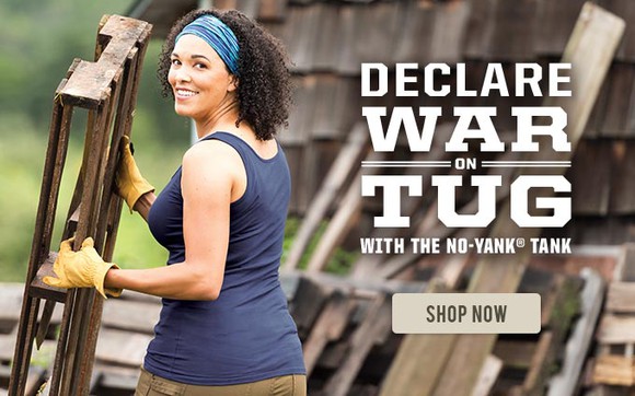An advertisement for Duluth Trading Company's No-Yank Tank with the tagline "declare war on tug."