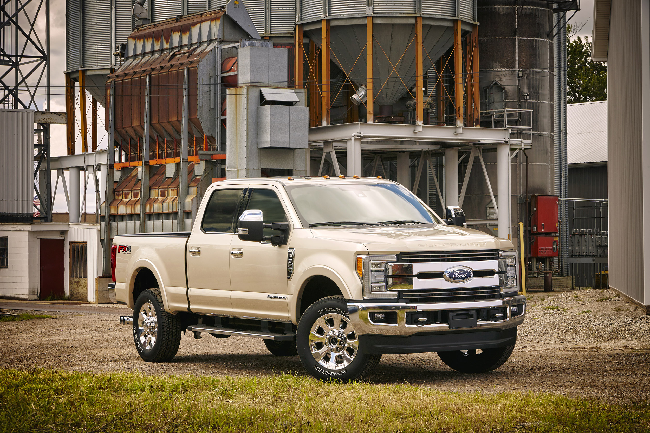 A white 2017 Ford F-350 Super Duty. 