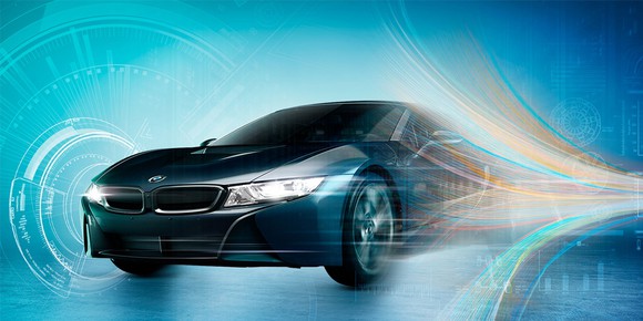 Fast moving car represents autonomous driving.