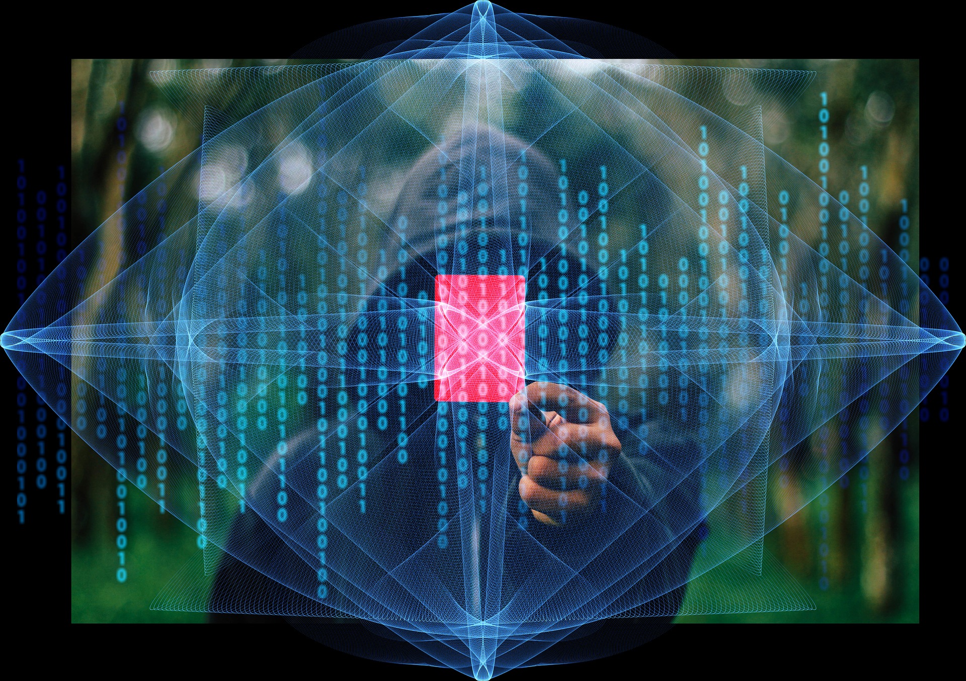 Hacker in hoodie with stylized binary code.