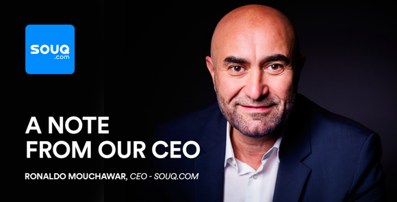 Souq.com CEO Ronaldo Mouchawar. Words on the image take people a "note" from the about the purchase by Amazon.