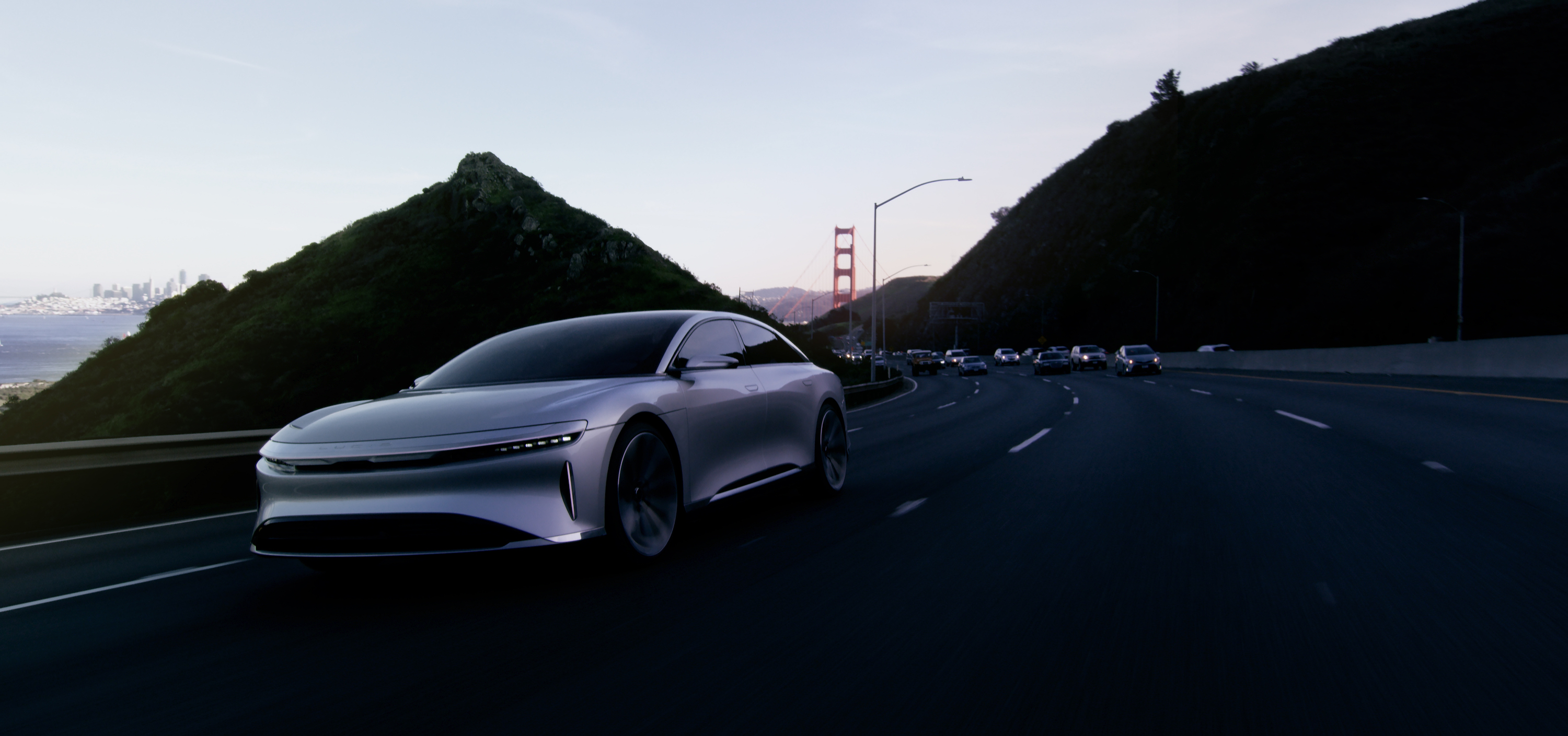 Lucid Air driving near the Golden Gate Bridge