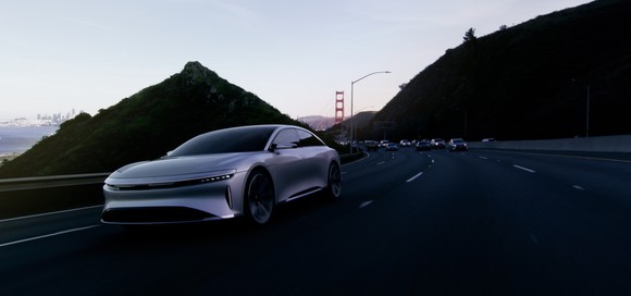 Lucid Air driving near the Golden Gate Bridge