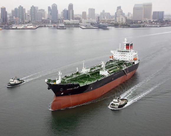 An oil tanker in the harbor.