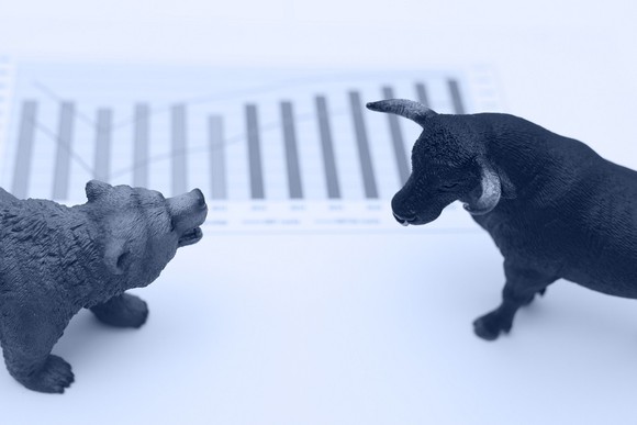 Bull vs bear atop a printed bar chart.