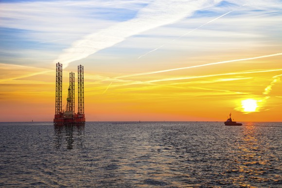 Offshore rig at sunset